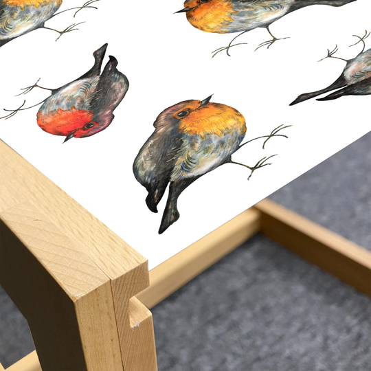 Bird Print Coffee Table, Robin Redbreast Breed In Watercolor Style, Acrylic Glass Center Table With Wooden Frame For Offices Dorms Marigold Vermilion