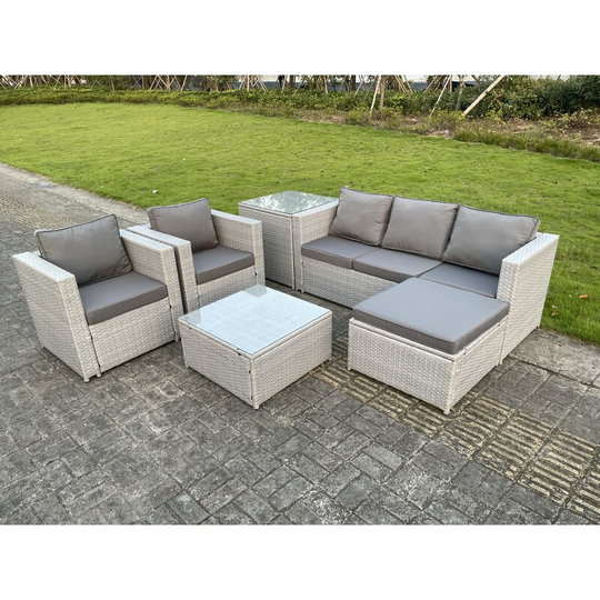6 Seat Light Grey Lounge Outdoor pe Rattan Garden Furniture Set Wicker Sofa Set Square Coffee Table Armchair - Fimous