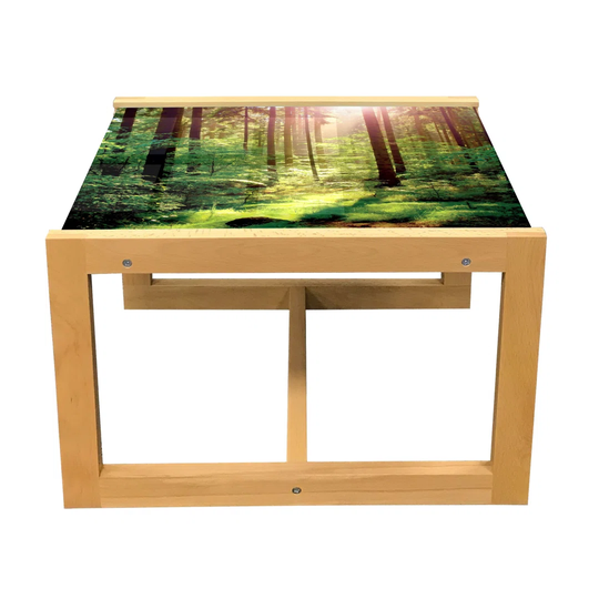 Forest Coffee Table, Forest In Spring Time Sunset Moss Woods Leaf Wilderness Fantasy View Print, Acrylic Glass Center Table With Wooden Frame For Offi