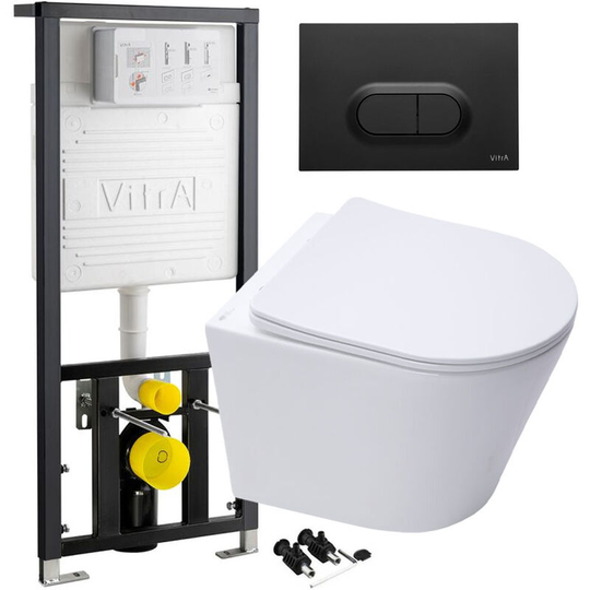 Eco Rimless Wall Hung Toilet, Seat & vitra wc Cistern Frame Plate - Matt Black