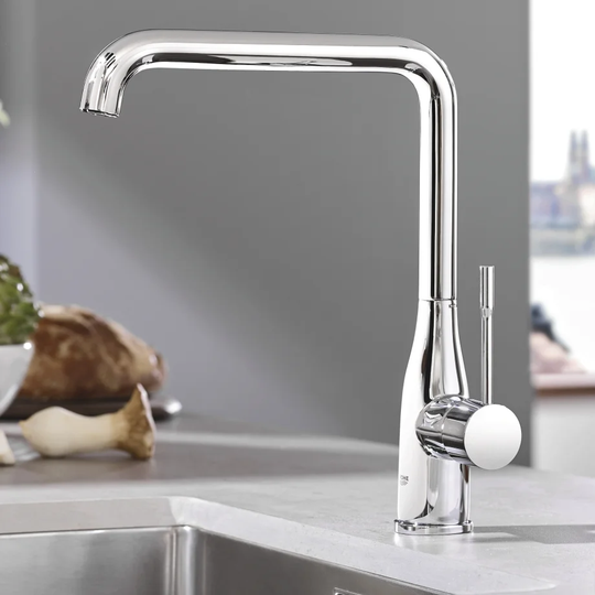 GROHE Essence single-lever kitchen tap with high L-shaped spout. A German engineered sink mixer with selectable swivel range. Colour: Chrome. 30269000