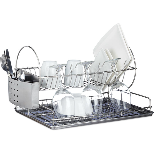 Stainless Steel Dish Drainer, Wine Glass Holder, Cutlery Basket, Dish Rack, Collecting Tray, Robust, HxWxD: ca 29.5 x 51 x 31.5 cm, Silver - Relaxdays