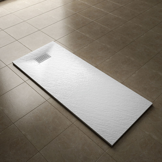 1700x700mm Slip-Resistance Shower Tray White Slate Effect Square Shower Enclosure Base with Waste Trap and Stainless Steel Drain Cover b - Elegant
