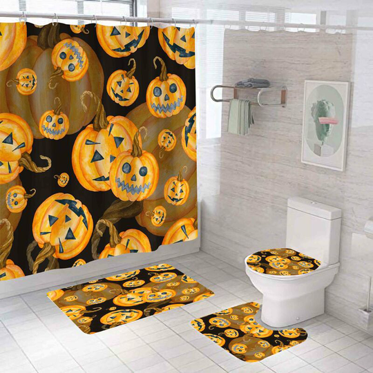 Halloween Pumpkin Shower Curtain Sets, Halloween Bathroom Decor Set 71 inch x 71 inch - Shower Curtain with Mat, Toilet Lid Cover, Bath Mat