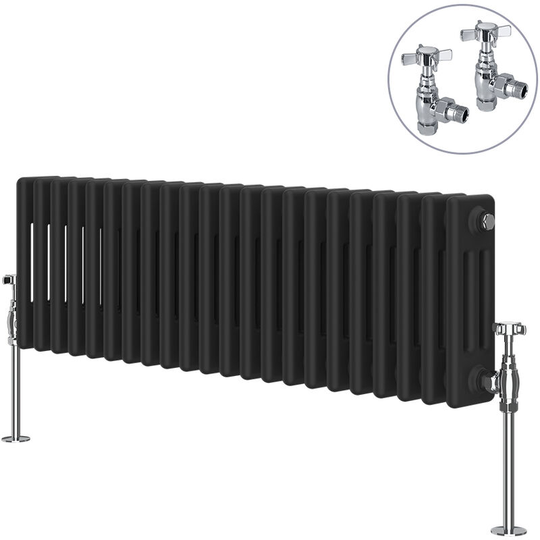 Black Traditional Cast Iron Style Radiator with Chrome Angled Cross Head Manual Valves Horizontal 3 Column 300x1012mm