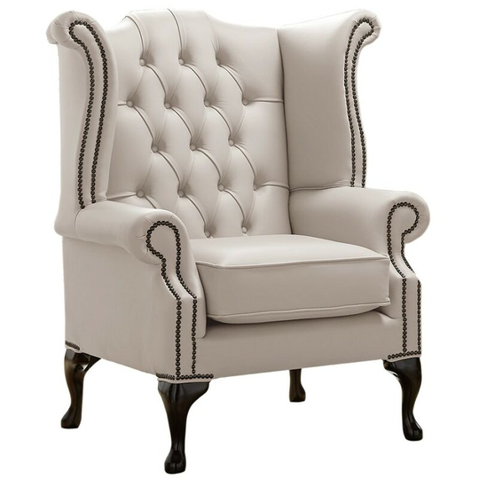 Chesterfield Queen Anne High Back Wing Chair Shelly Rice Milk Leather