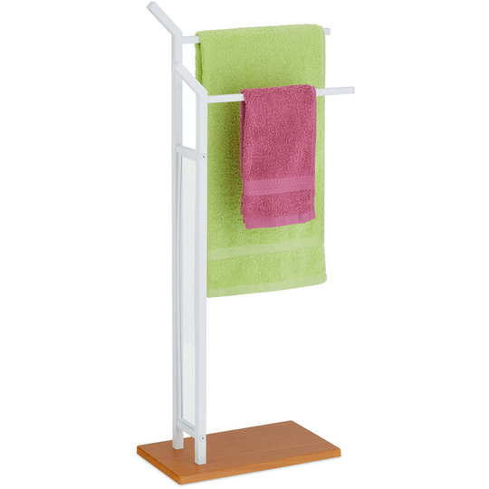 Towel Rack, 2 Rails, h x w x d: 88 x 39 x 20 cm, Standing Towel Holder, Metal, mdf White - Relaxdays