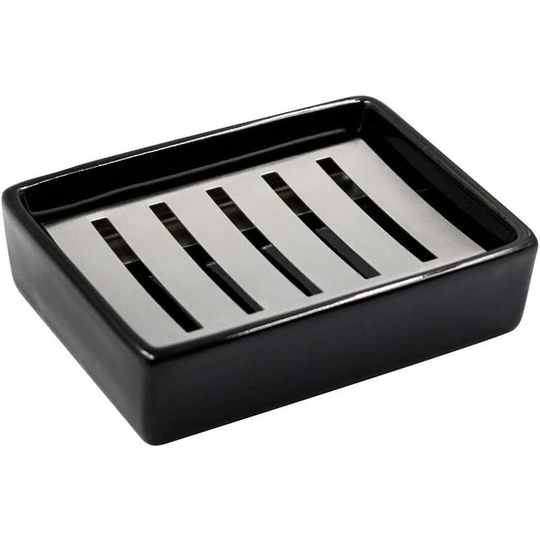 SUS304 Stainless Steel Ceramic Soap Dish for Bathroom, Double Layer, Self-Draining Soap Dish, Say No to Fluffy Soap, Easy Cleaning (Black)