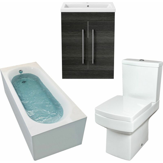 1800mm Bathroom Suite Single Ended Bath Toilet Grey Vanity Unit Basin Modern - White