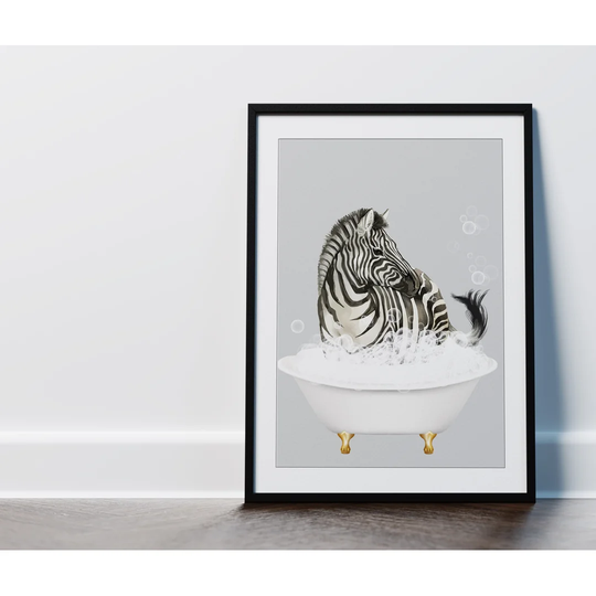 Vintage Zebra In Bathtub Grey/Black/White Framed Picture Wall Art Print - Picture Frame Art Prints