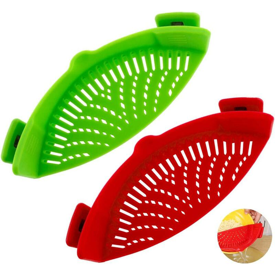 2 Pcs Universal Silicone Clip-on Food Strainer Filter Drainer Heat Resistant Vegetable Kitchen Gadgets Spaghetti Noodles Pasta Ground Beef (Red +