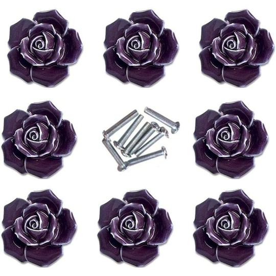 8Pcs Elegant Purple Rose Pulls Flower Ceramic Cabinet Knobs Cupboard Drawer Pull Handles