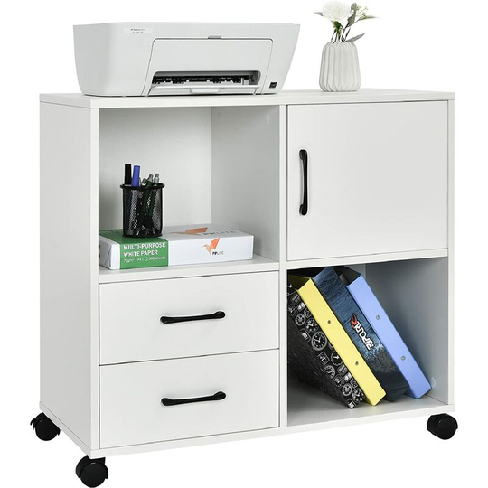 Costway - Mobile File Cabinet, Lateral Stationery Storage Cabinet with 2 Drawers, 2 Open Shelves and Door, Home Office Rolling Printer Stand Side