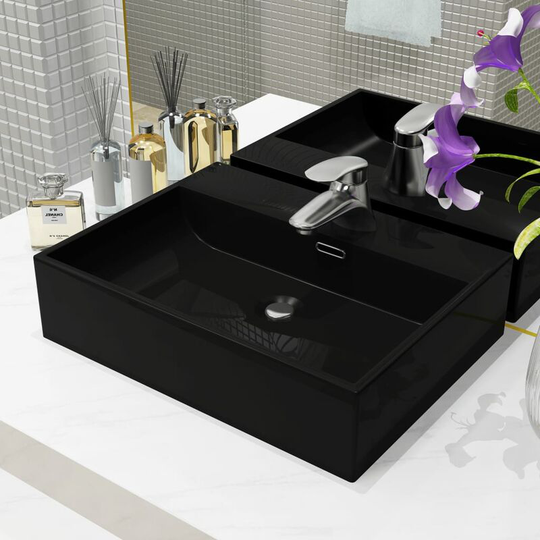 Basin with Faucet Hole Ceramic Black 51.5x38.5x15 cm - Black