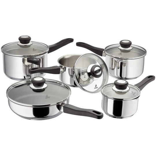 Judge Vista 5 Piece Stainless Steel Pan Set with Draining Glass Lids, 14/16/18/20cm Saucepans / 24cm Non-Stick Saute Pan with Lid