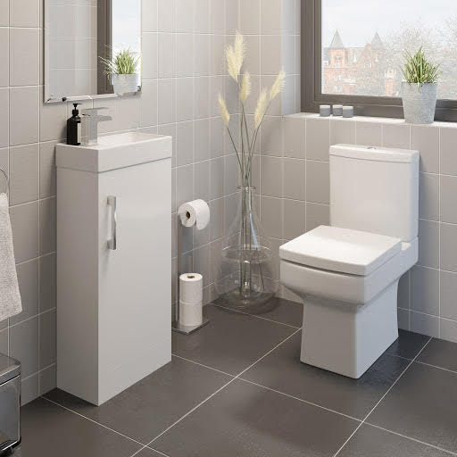 Royan Close Coupled Toilet & Aurora Vanity Unit with Door - 400mm White Gloss