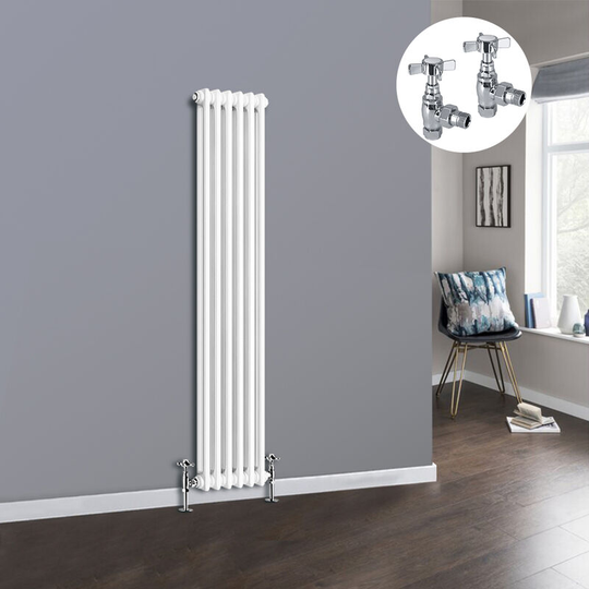 White 2 Column Traditional Cast Iron Style Radiator with Chrome Angled Cross Head Manual Valves Vertical 1500x290mm