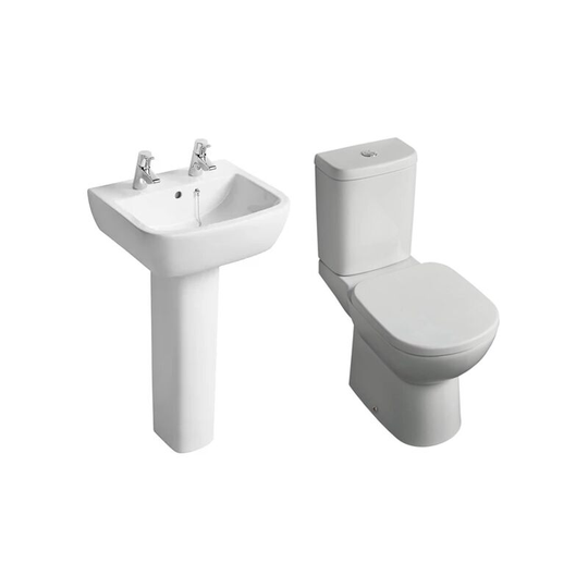 Ideal Standard - Tempo Value Suite Horizontal Outlet Close Coupled Toilet 2 Tap Hole Basin - White