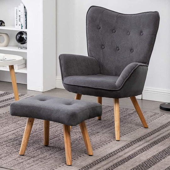 Scandinavian Armchair Chair, HollyHOME Velvet Relax Lounge Chair with Footstool, Living Room Armchair Reading Chair for Bedroom, Dark Gray