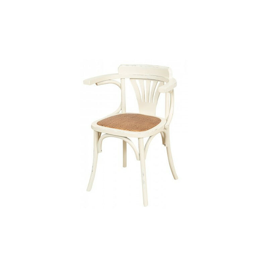 Armchair Thonet chair with armrests in solid ash wood with antique white finish and rattan seat
