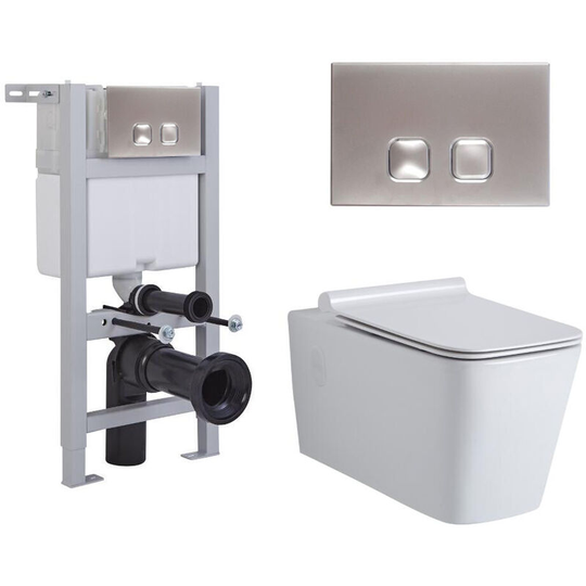 Milano - Elswick - White Ceramic Modern Bathroom Wall Hung Square Toilet wc with Short Wall Frame Cistern and Square Chrome Flush Plate
