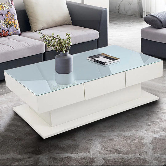 Coffee Tea End Table Coffee Table Modern Tempered Glass Tea Table Cocktail Table W/ 3 Drawer, Suitable For Square Tea Bedroom Living Room Office Sofa