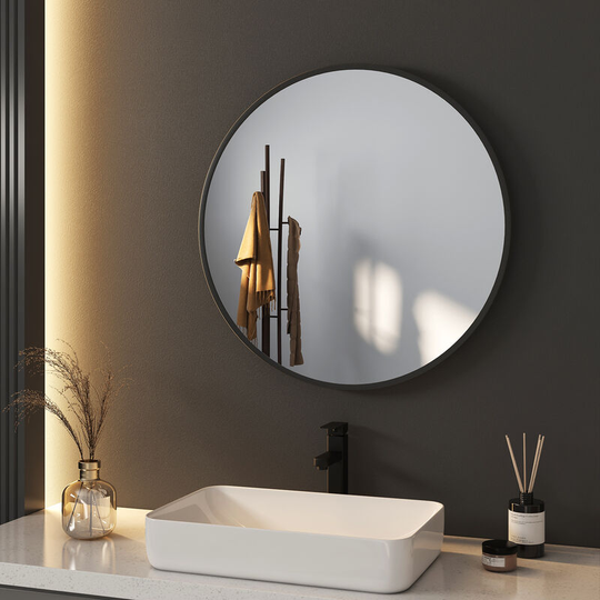 Bathroom Mirror ф60cm Modern Bathroom Hanging Wall Mirror Round Black Frame with Adjustable Leather Strap - Meykoers