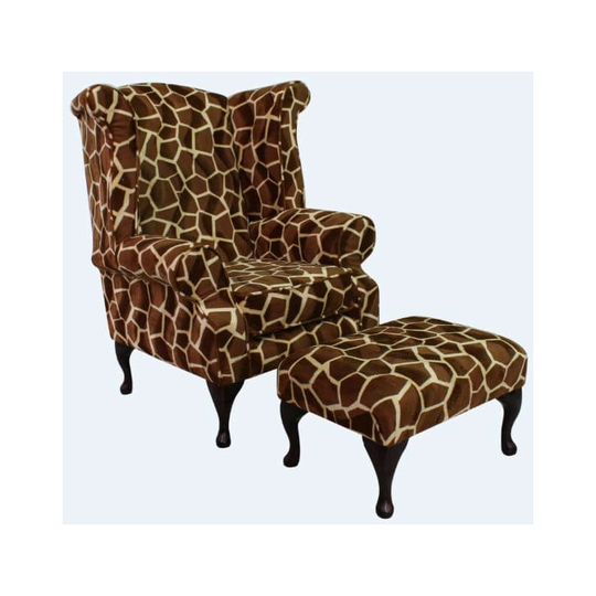 Chesterfield Saxon Queen Anne High Back Wing Chair Big Giraffe + Footstool Animal Print
