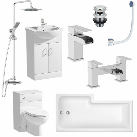 Complete Bathroom Suite RH L Shaped Bath Vanity Unit BTW Toilet Tap Basin Set - White