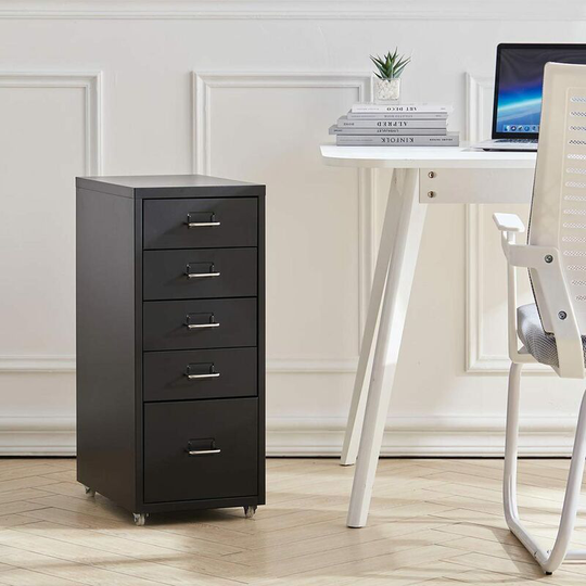 Office Rolling File Cabinet with 5 Drawers Shelf and Wheels, Black - Livingandhome