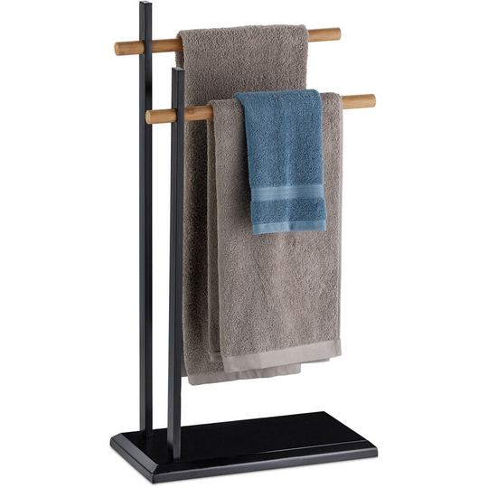 Towel Holder 2 Rails, Bamboo Towel Bars, Hand Towel Stand, Metal, hwd 85.5x45x22.5 cm, Black/Natural - Relaxdays