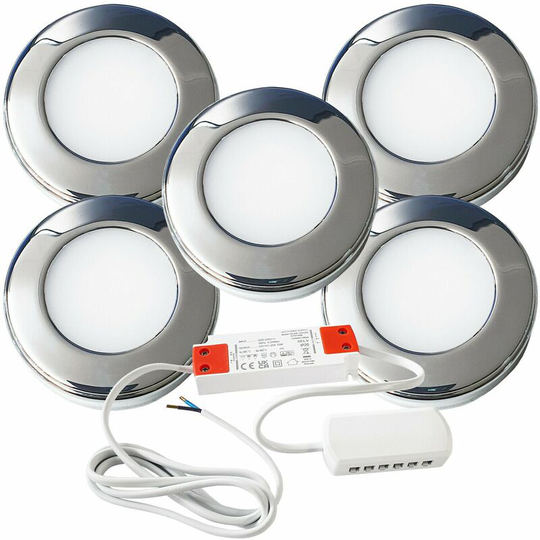 Loops - 5x chrome Round Surface or Flush Under Cabinet Kitchen Light & Driver Kit - Natural White led