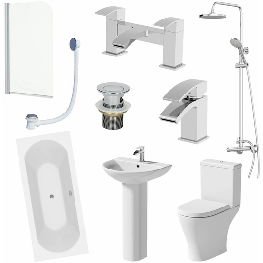 Bathroom Suite 1700mm Double Ended Bath Shower Toilet Pedestal Basin Taps Screen - White