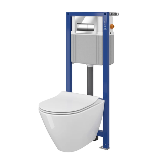 Mech WHB City Wall Hung Toilet and Mounting Frame with Button Flush and Soft Close Seat