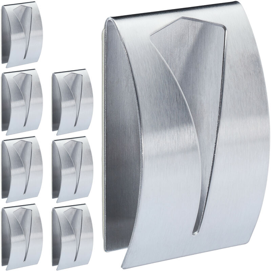 Towel Hooks, Set of 8, Self-Adhesive & Detachable, Matt Stainless Steel, Kitchen & Bathroom, Square, Silver - Relaxdays