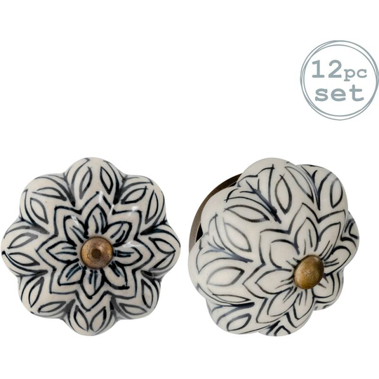 Floral Ceramic Cabinet Knobs - Black - Pack of 12 - Nicola Spring