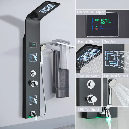 Led Shower Faucet Bathroom spa Massage Jet Shower Column System Waterfall Rain Shower Panel,Black