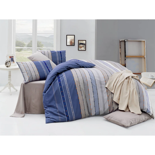 Lundys Beige/Blue/Cream 100% Cotton Duvet Cover Set