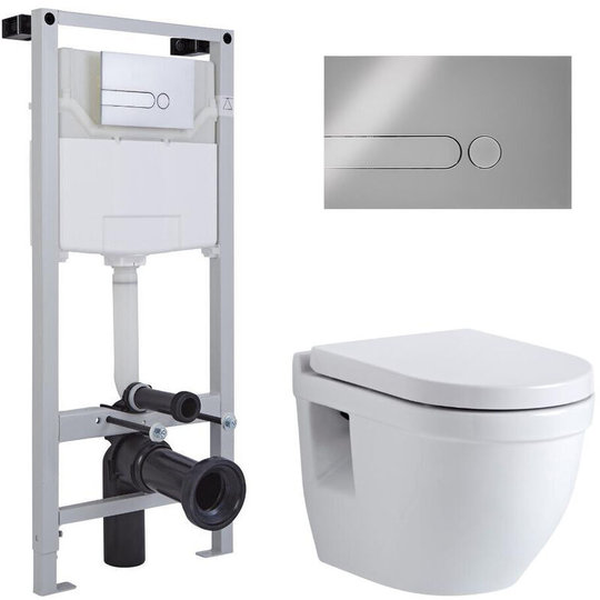 Milano - Newby - White Ceramic Modern Bathroom Wall Hung Round Toilet wc with Short Wall Frame, Dual Flush Cistern, Soft Close Seat and Black Flush