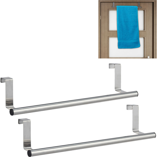 Relaxdays Set of 2 Towel Holders for Doors & Closet, Hanging, Stainless Steel, Rail, Kitchen & Bathroom, Silver