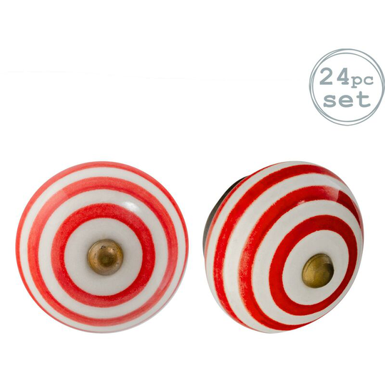 Round Ceramic Cabinet Knobs - Red Stripe - Pack of 24 - Nicola Spring