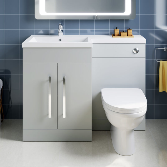 1100mm l Shape Bathroom Vanity Sink Unit Furniture Storage,Right Hand Matte Grey Vanity unit + Basin + Ceramic d shaped Toilet with Concealed Cistern