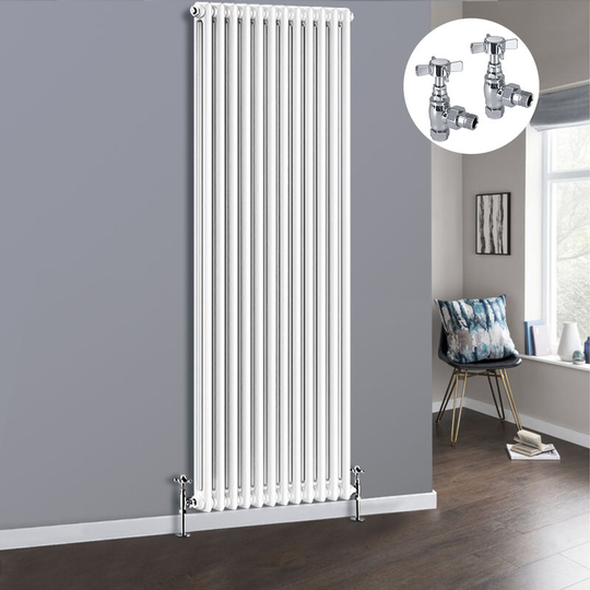 NRG - White 2 Column Traditional Cast Iron Style Radiator with Chrome Angled Cross Head Manual Valves Vertical 1800x560mm