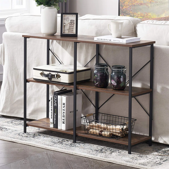 Console Tables For Hallway, Rustic Sofa Table With Shelves Storage, Wood And Metal Entryway Table For Living Room, Vintage Brown 100Cm