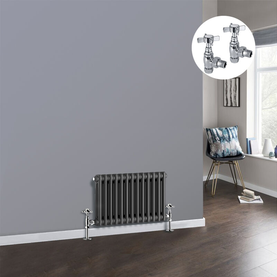 Anthracite 2 Column Traditional Cast Iron Style Radiator with Chrome Angled Cross Head Manual Valves Horizontal 300x605mm