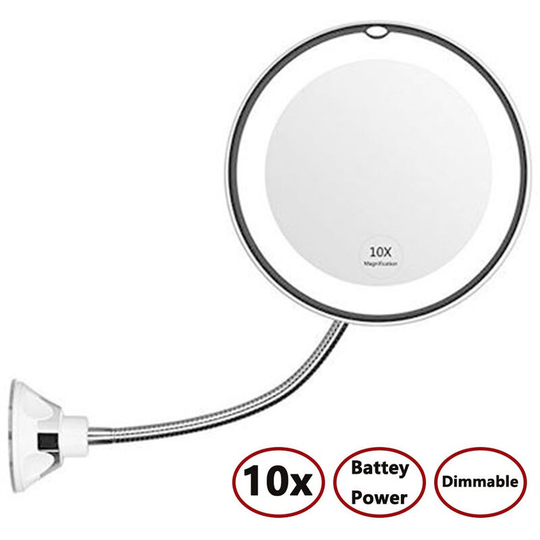 LED Lighted Makeup Mirror with 10x Flexible Gooseneck, Magnifying Bathroom Mirror with Suction Cup, 360 Degree Swivel, Daylight, Battery Operated,