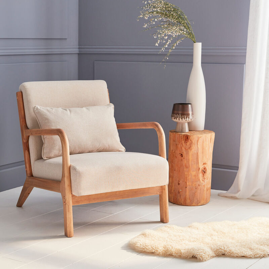 Beige wooden armchair with scandi-style compass legs and cushion - Beige