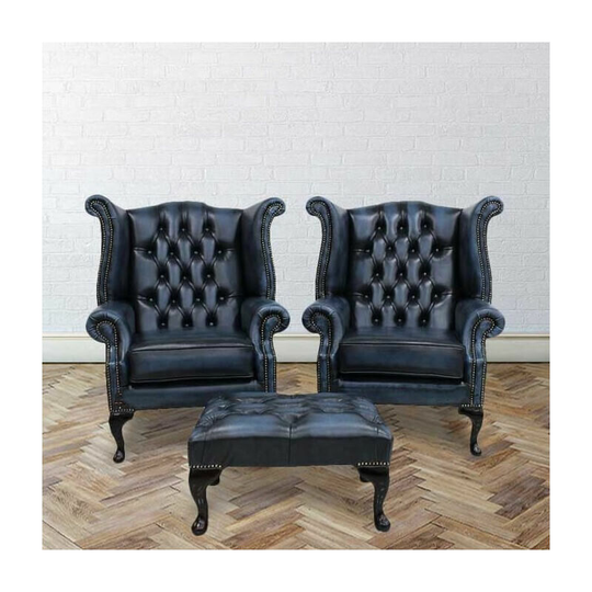 Chesterfield Offer Pair Queen Anne High Back Wing Chair Footstool Antique Blue Leather