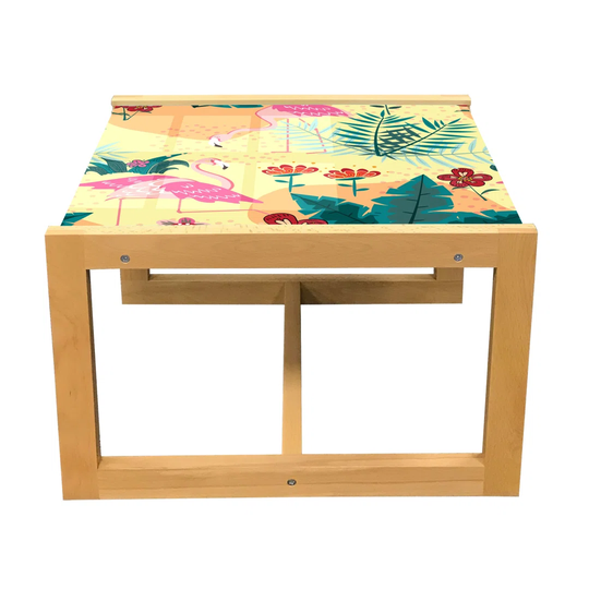 Flamingo Coffee Table, Exotic Birds And Hibiscus Blossoms In Tropical Forest Monstera Hawaiian Doodle, Acrylic Glass Center Table With Wooden Frame Fo