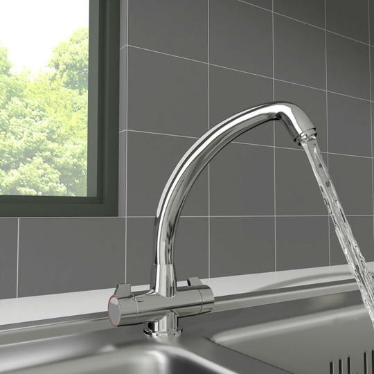 NRG - Modern Dual Twin Lever Tap Swivel Solid Brass Swivel Spout Mixer Kitchen Sink Faucet Chrome